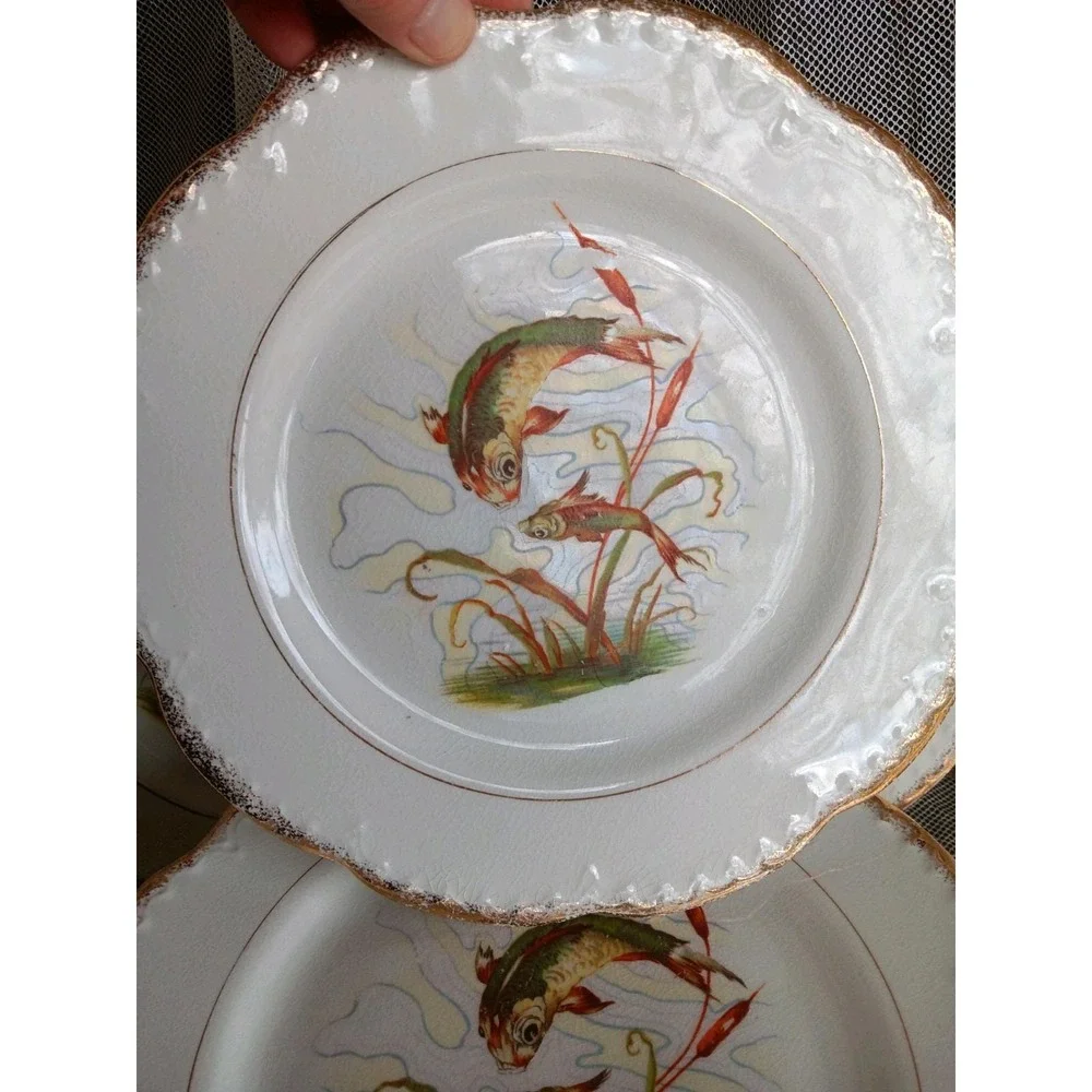 LEBEAU Porcelain Fish Plates French Antique Underwater Asian Style Scene. Set 7